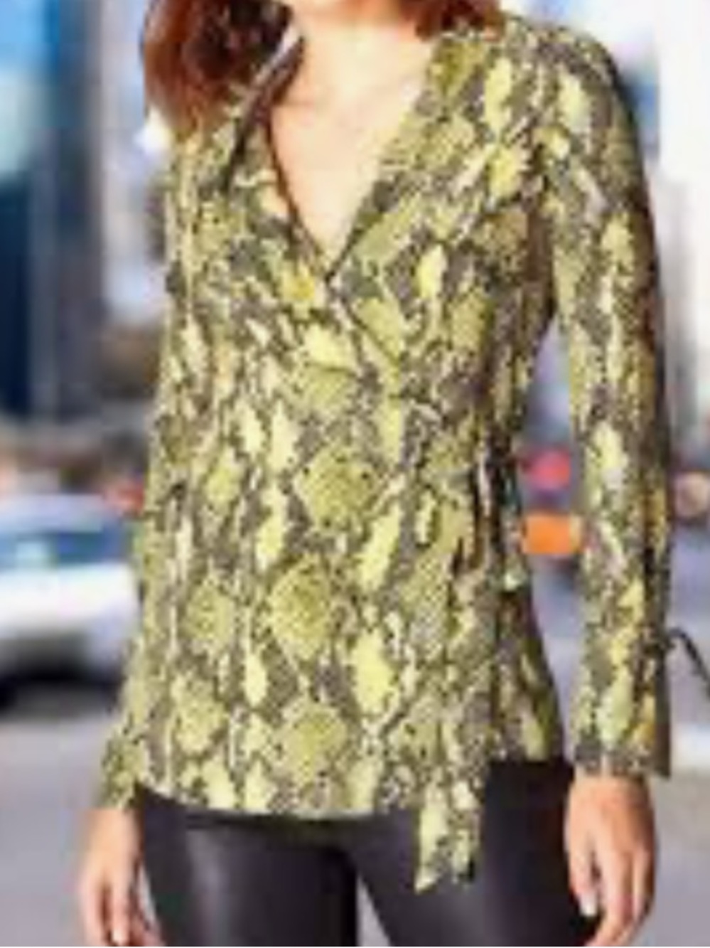 Karen Millen NWOT Snake Animal Print Yellow /Black Wrap Long Sleeves Blouse Sz 8